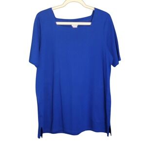 Chico's T-Shirt L Blue Square Neck Short Sleeve Side Slits 100% Cotton Pockets